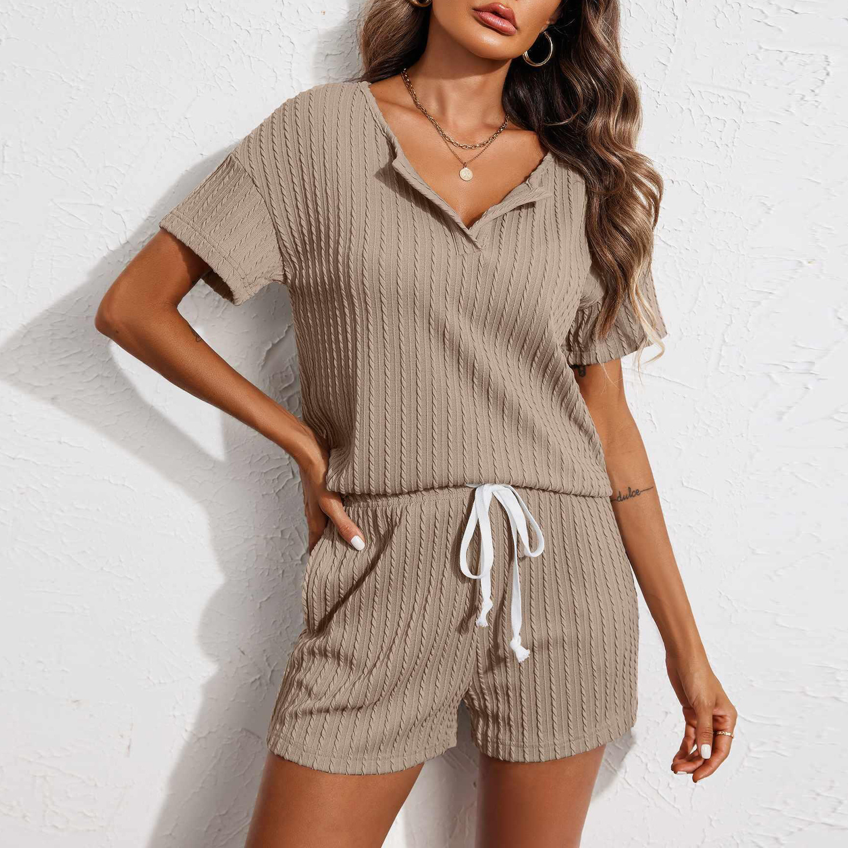 Womens Cable Knit Romper With Short Sleeve And Drawstring Waist